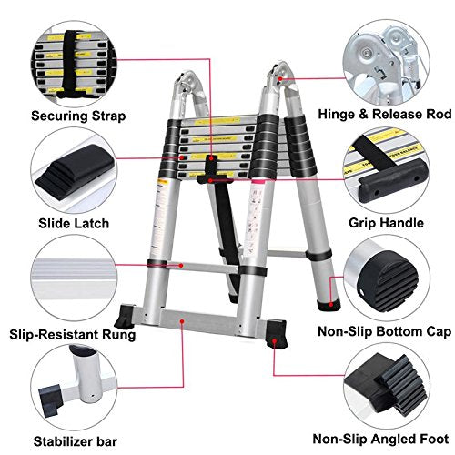 AL Ladder, Telescopische ladder 16 treden, 2.5m+2.5m=5m Inklapbaar - Werkhoogte 5m Silver