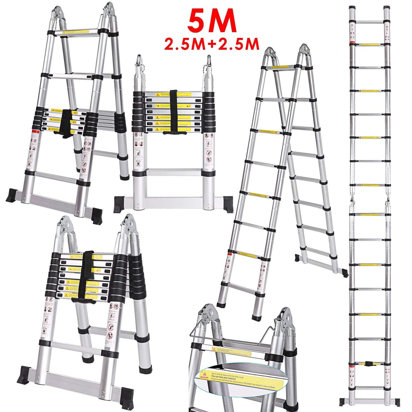 AL Ladder, Telescopische ladder 16 treden, 2.5m+2.5m=5m Inklapbaar - Werkhoogte 5m Silver